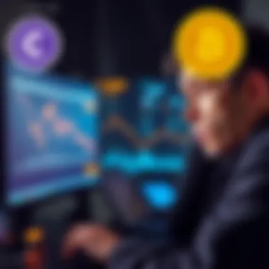 Frustrated cryptocurrency user A stressed individual looking at a computer screen showing declining cryptocurrency values, with a Crypto.com logo in the corner and a concerned expression.
