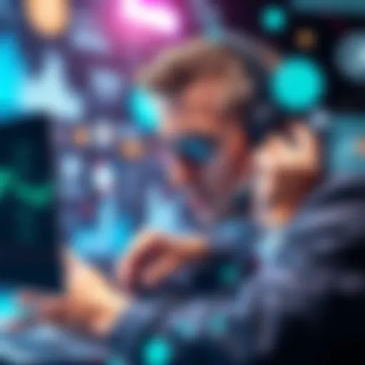 A person looking frustrated while talking on the phone, surrounded by digital graphics related to cryptocurrency.