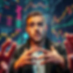 A man surrounded by cryptocurrency charts, looking frustrated as he argues with others about his beliefs.