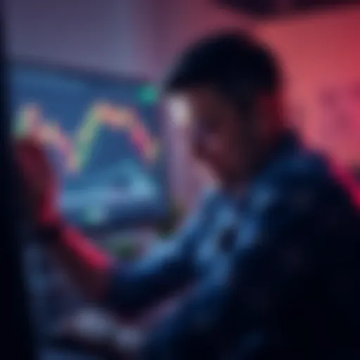 An upset investor holding their head in despair while looking at a Dogecoin chart on a computer screen, showcasing their emotional struggle after years of investment.