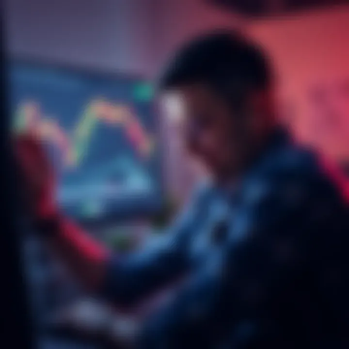 An upset investor holding their head in despair while looking at a Dogecoin chart on a computer screen, showcasing their emotional struggle after years of investment.