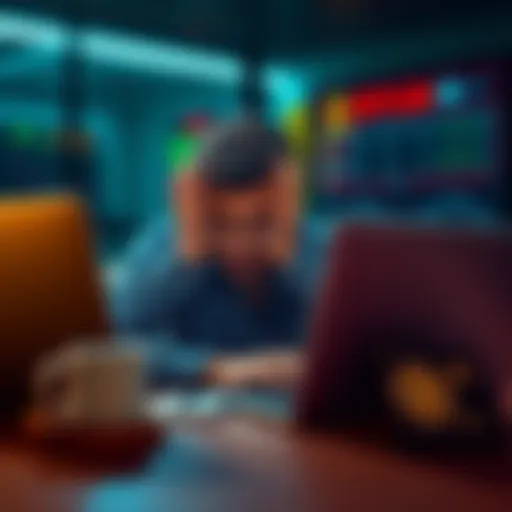 A person looking stressed while trying to log into a crypto exchange on their laptop, with a coffee mug beside them