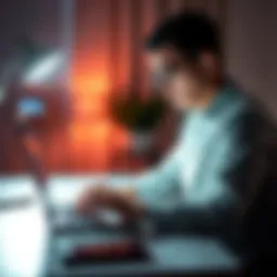 A customer sitting at a desk, visibly upset while staring at a laptop screen displaying a message about an account being blocked.