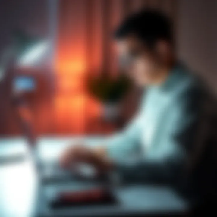 Frustrated customer looking at a blocked account on a laptop A customer sitting at a desk, visibly upset while staring at a laptop screen displaying a message about an account being blocked.