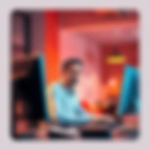 A frustrated customer sitting at a desk with a computer, looking confused while dealing with an account closure issue.