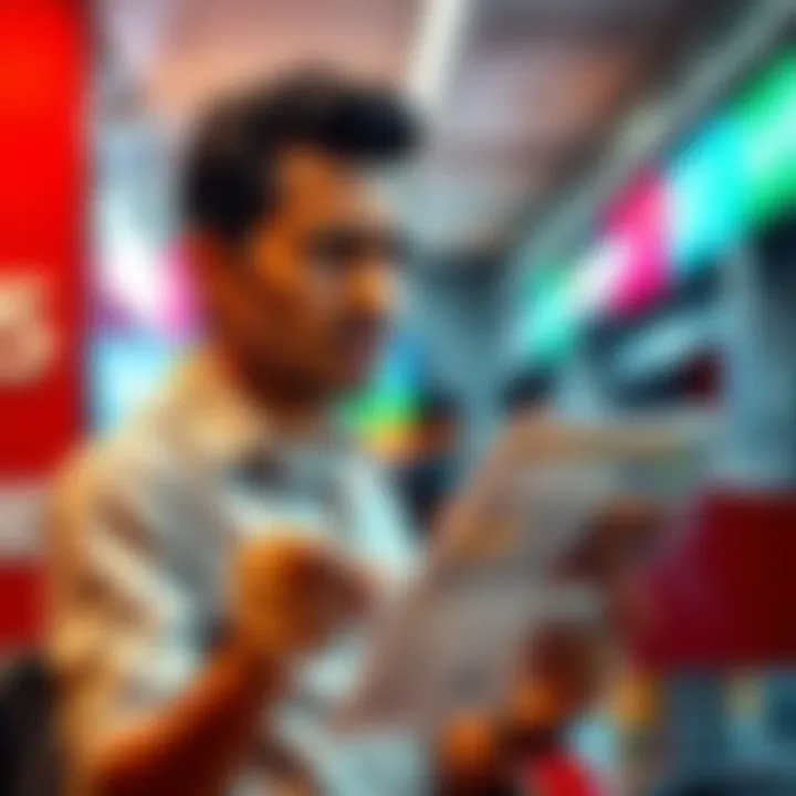 A person looking frustrated while holding a bank statement at a bank counter
