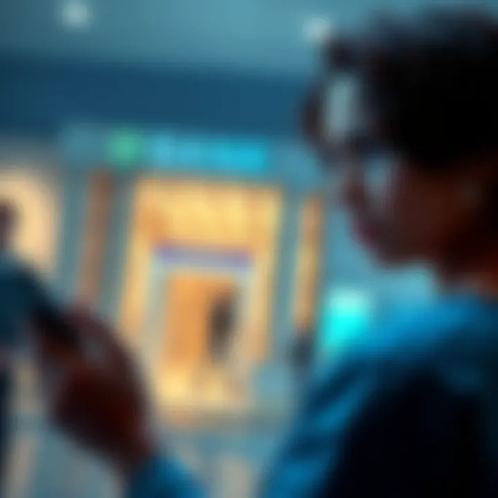 A person looking frustrated while checking their bank account on a smartphone, with a bank building visible in the background.