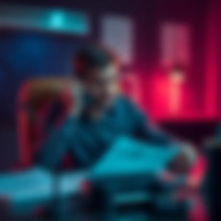 A frustrated customer sitting at a desk, holding a phone to their ear with paperwork scattered around, showing frustration with their chargeback process.