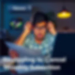 Frustrated customer trying to cancel subscription A person looking confused and frustrated while using a laptop, surrounded by subscription-related paperwork, representing the struggle to cancel a service