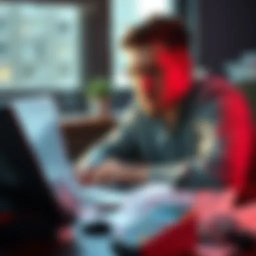 A person looking stressed while trying to verify their online Revolut account on a laptop, surrounded by crumpled documents