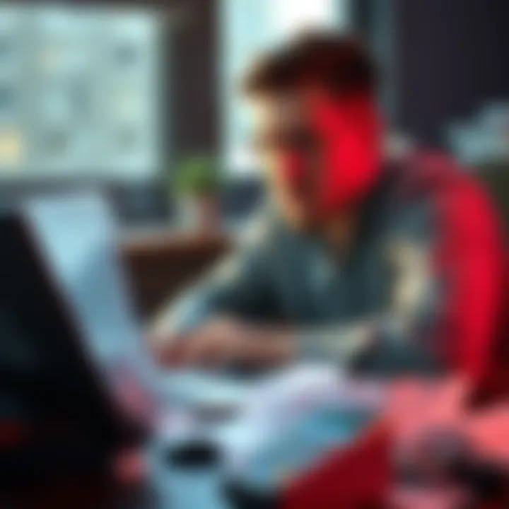 A person looking stressed while trying to verify their online Revolut account on a laptop, surrounded by crumpled documents