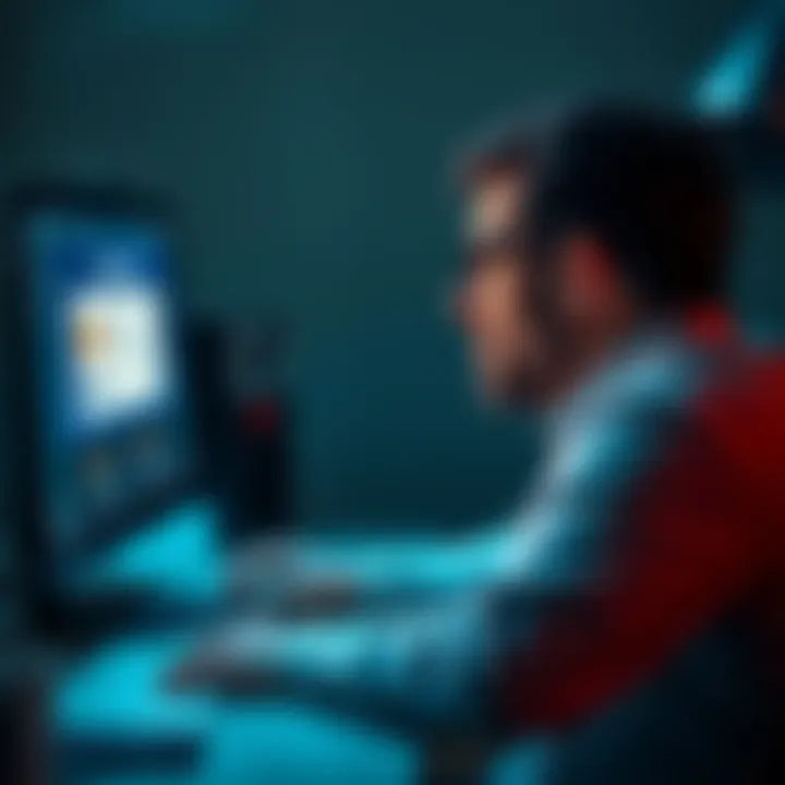 A frustrated customer sitting at a desk, staring at a computer screen with a Coinbase account interface showing an account freeze notification.