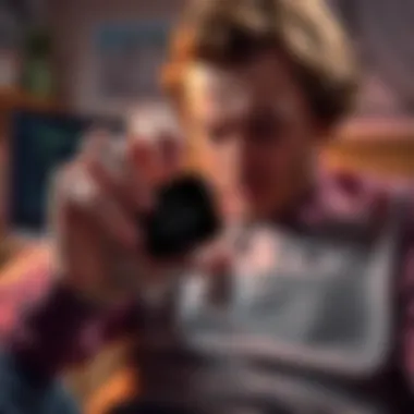 A disappointed customer holding a Ledger Nano X, showing signs of battery and hardware issues, with a laptop displaying support chat behind them.