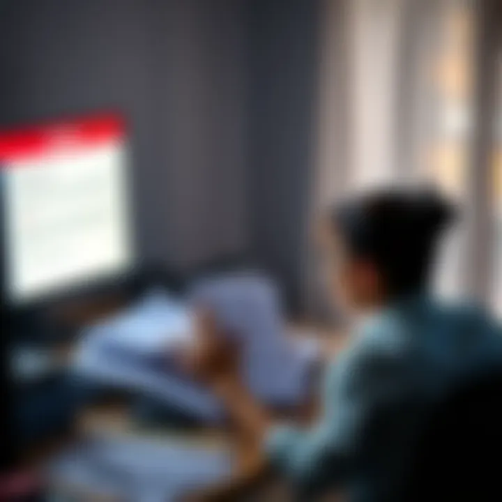 A person sits at a desk, looking stressed with a pile of documents and a blocked account notice on a computer screen.