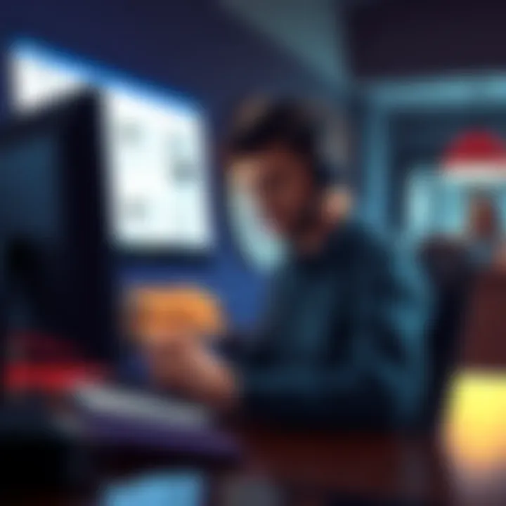 A frustrated customer sitting at a desk, looking at a computer screen with emails about Phantom Wallet support issues