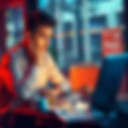 Frustrated customer using Revolut Stays A frustrated customer looking at a laptop with booking issues, showing disappointment and confusion. There are travel-related items around, like a suitcase and travel brochures.