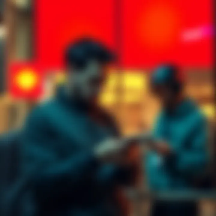 A person appears impatient while checking their phone as they wait for a food delivery, with a delivery driver nearby managing an app on their device.