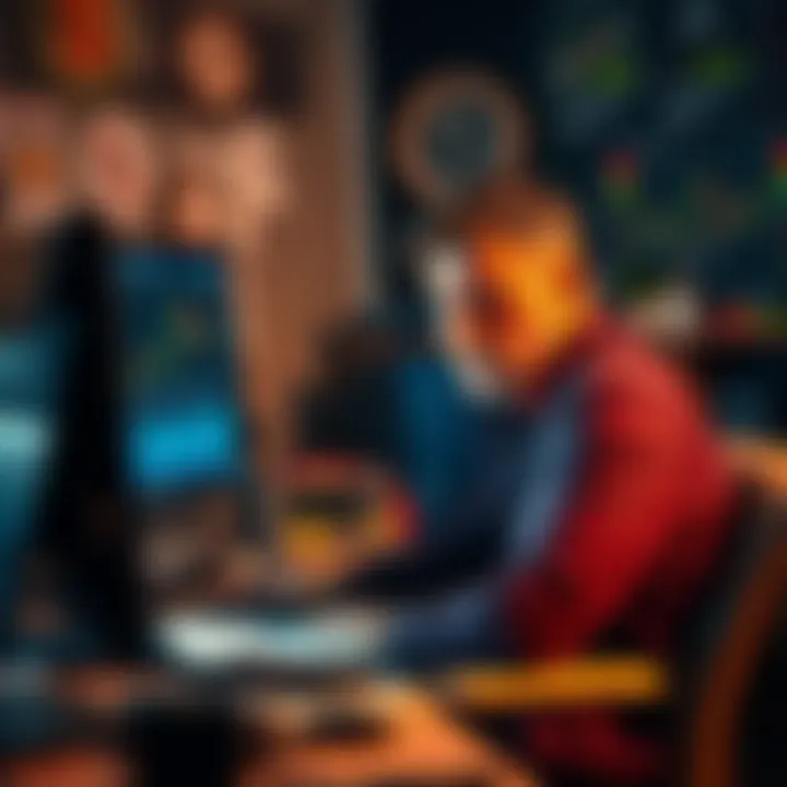 A new day trader looking frustrated while analyzing cryptocurrency charts on a computer screen at a cluttered desk, with charts and graphs visible.