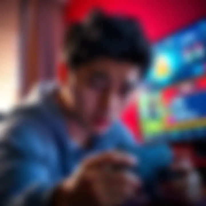 A gamer showing frustration while playing on a console, with a controller in hand and a screen displaying game levels
