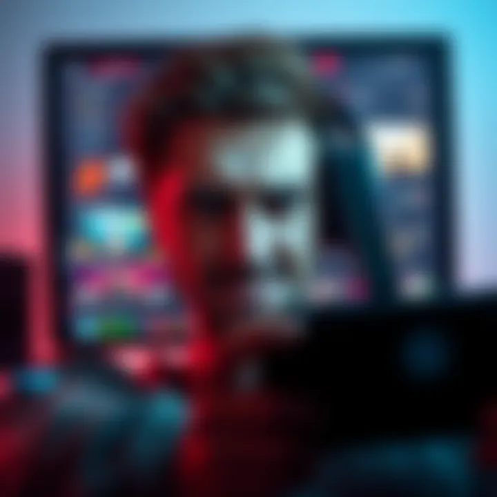 A gamer visibly annoyed while playing a game interrupted by unskippable ads, showing a computer screen with ads blocking gameplay.