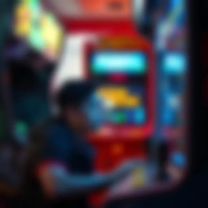A player looks disappointed while trying to use an arcade game machine with error messages displayed on the screen.