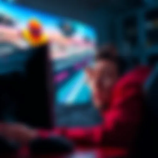 A gamer looking upset while playing a racing game on a computer, showing signs of frustration with their hands in the air.