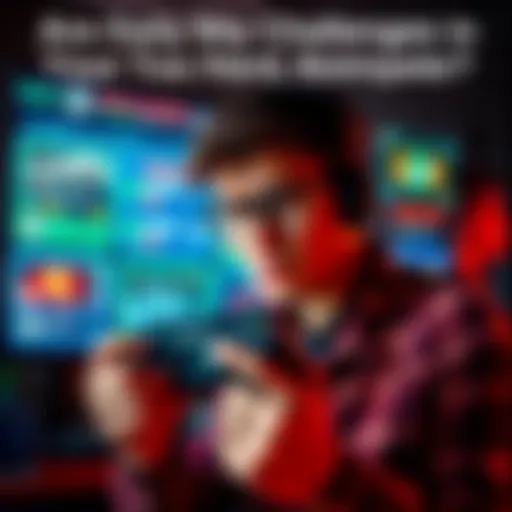 A gamer looks frustrated while holding a video game controller, surrounded by gaming graphics on screen showing daily challenges and statistics