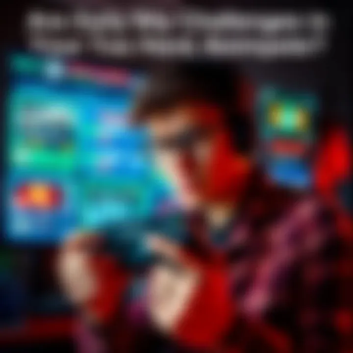 A gamer looks frustrated while holding a video game controller, surrounded by gaming graphics on screen showing daily challenges and statistics