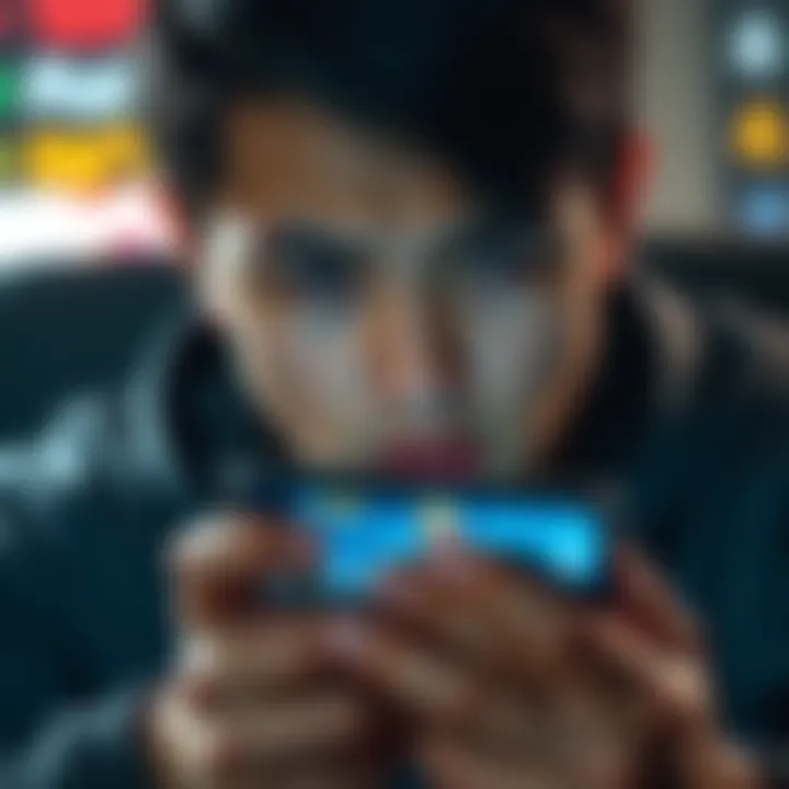A gamer appears frustrated while staring at a phone showing a mini games app, indicating issues with finding opponents.