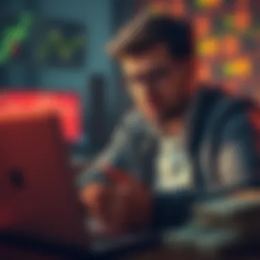 Frustrated Investor An investor looking stressed while checking their finances on a laptop, with a visual indication of loss in funds, conveying regret over a failed transaction