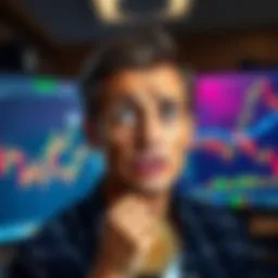 A person looking confused and frustrated in front of a computer screen displaying Bitcoin charts and losses