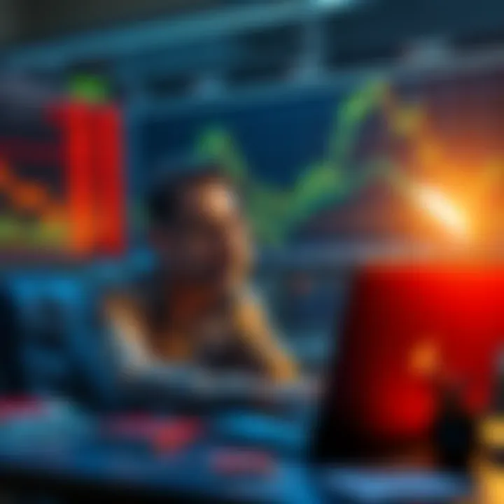 Frustrated investor looking at declining crypto charts An investor sits at a desk with a laptop, visibly frustrated while staring at charts showing a decline in cryptocurrency values.