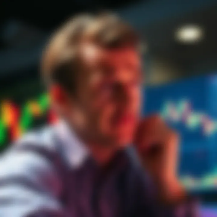 An investor looking worried at a financial chart showing a downward trend after recent investments.
