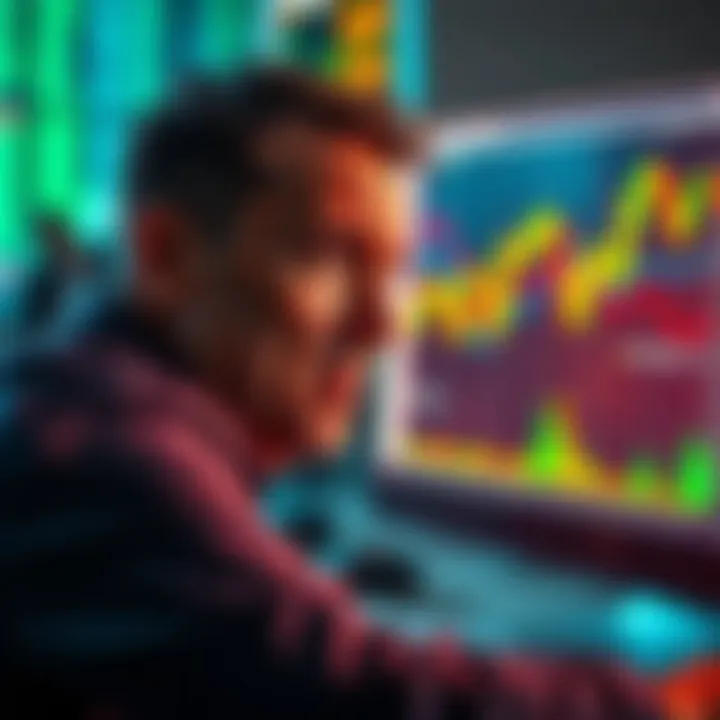 A person appears frustrated while analyzing falling stock charts on a computer screen.