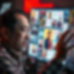 A grown man showing frustration while viewing repetitive advertisements on a computer screen.