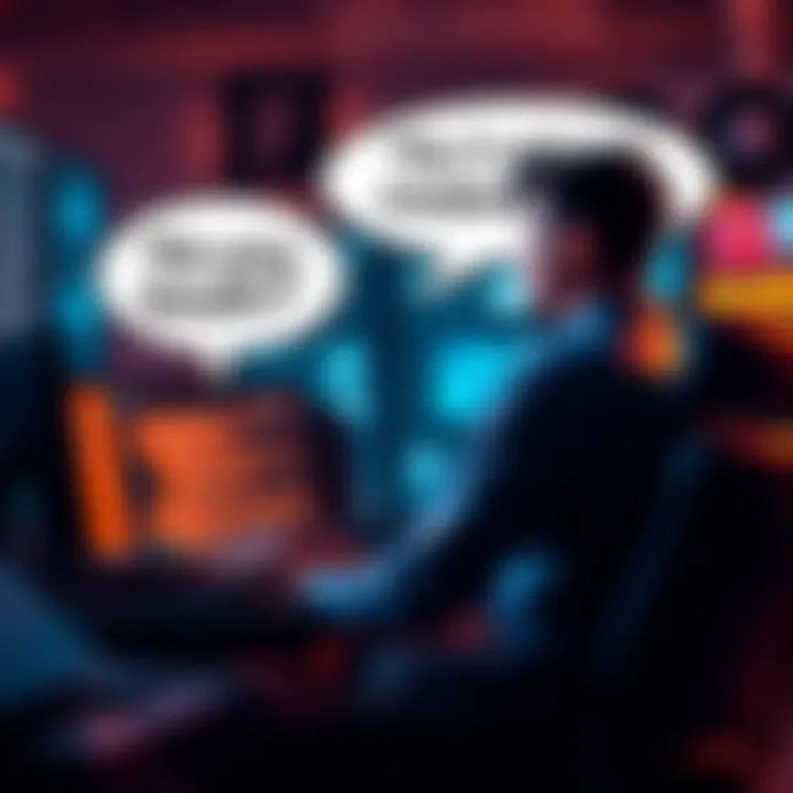 A forum member sits at a computer, looking frustrated, with a speech bubble showing their critique of moderation in the community.