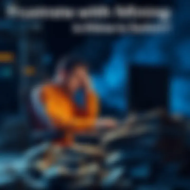 A miner sits at a computer, looking stressed with a pile of bills next to him, symbolizing the frustration of solo mining and the consideration of switching to pool mining.