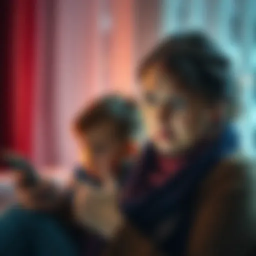 Frustrated mother looking at her blocked phone A concerned mother shows signs of distress while trying to access her blocked bank account on her phone, with a child in the background