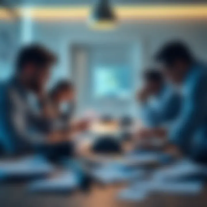 A group of tired MSP deployers expressing frustration during a meeting, papers scattered on the table, showing signs of stress.