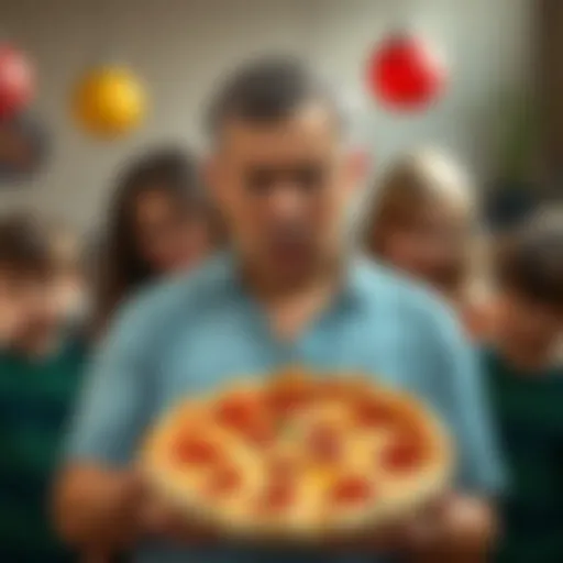 A concerned parent holds a pizza while expressing frustration over its smell, surrounded by children playing in the background.