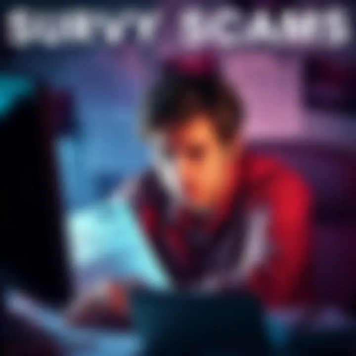 A person looking frustrated while on a computer, surrounded by survey forms