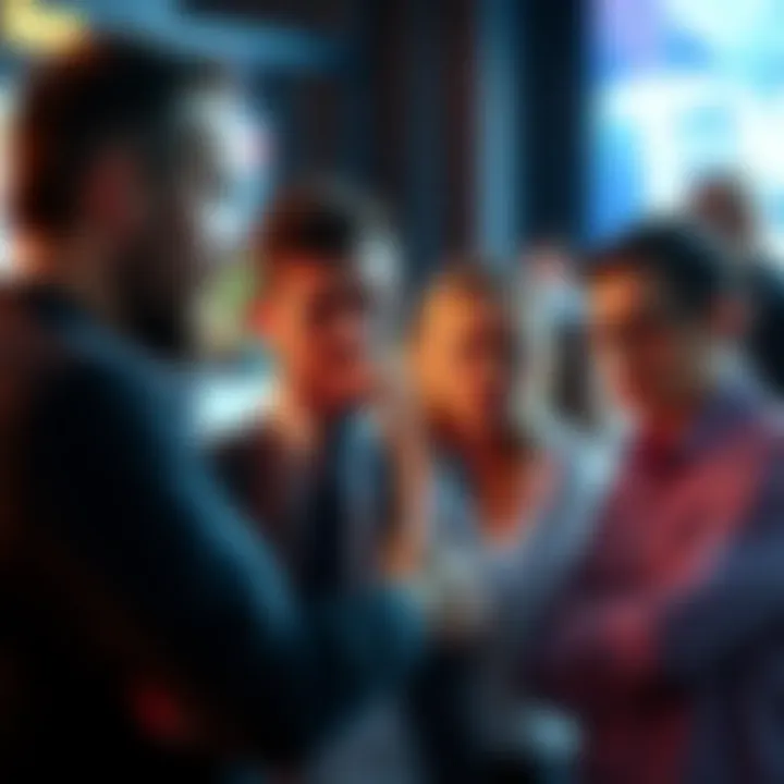 Frustrated individuals discussing survey times A group of people expressing frustration over misleading survey time estimates during a conversation