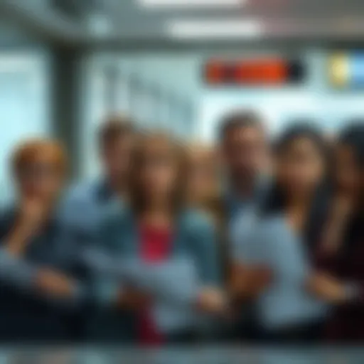 A group of people looking concerned while holding documents at a migration office, showing signs of frustration over delays