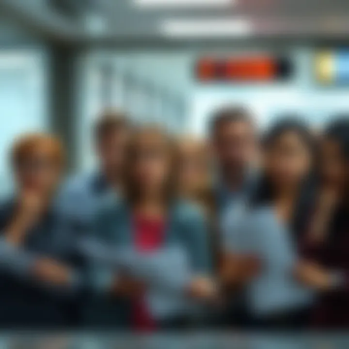 A group of people looking concerned while holding documents at a migration office, showing signs of frustration over delays