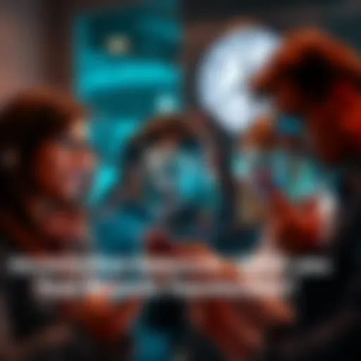 A group of people looking concerned, checking their phones for updates on unverified balances and transfer options, with a clock in the background indicating time passing