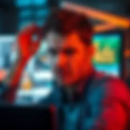 Frustrated person looking at ads A person showing frustration while viewing ineffective advertisements on a computer screen