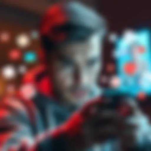 A person looks annoyed while viewing long ads and surveys on a smartphone screen, surrounded by icons of advertisements and surveys.