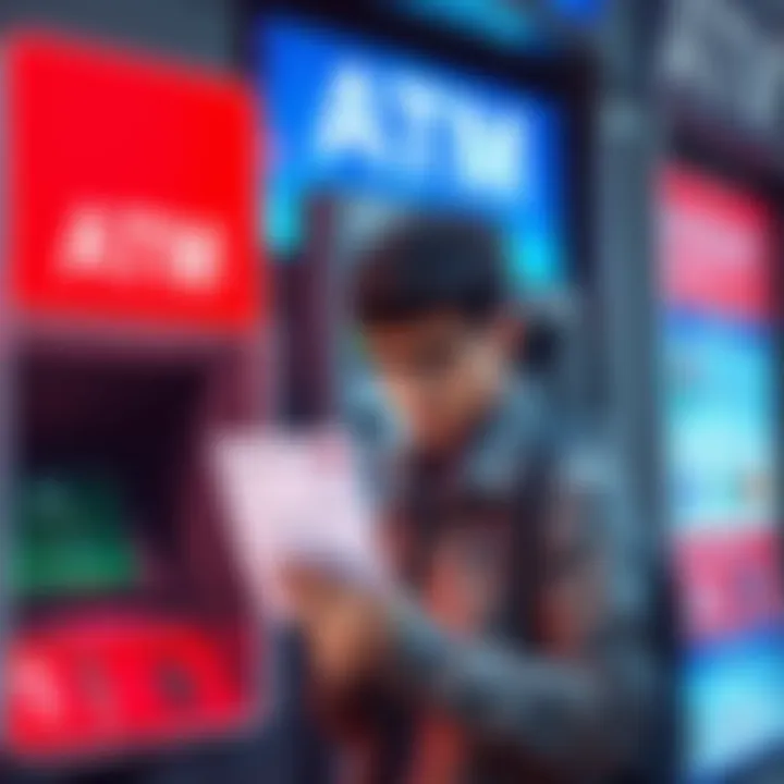 A person looking frustrated while standing in front of a binational ATM, holding a receipt and checking their phone for help.