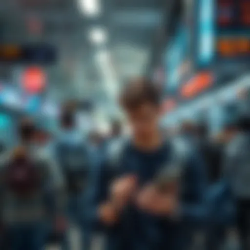 A person looking frustrated while standing in a crowded bank, glancing at their watch and checking their phone, symbolizing delays in traditional banking.