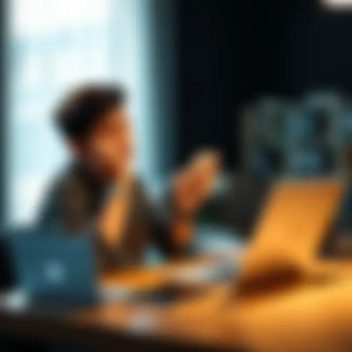 Person frustrated with bank account A person sitting at a desk, looking frustrated while holding a phone and a laptop, representing challenges in closing a bank account.
